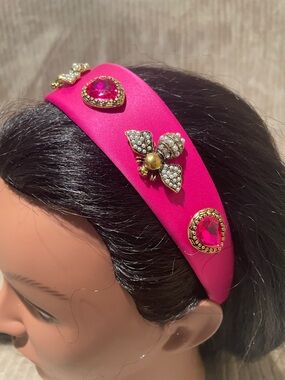 Women's Hot Pink Jeweled Padded Headband with Gold Bee Accent
